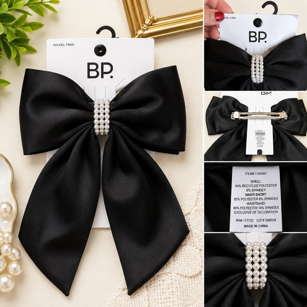 BP. Black Satin Bow Hair Barrette Pearl Beaded Center Nordstrom Nickel Free